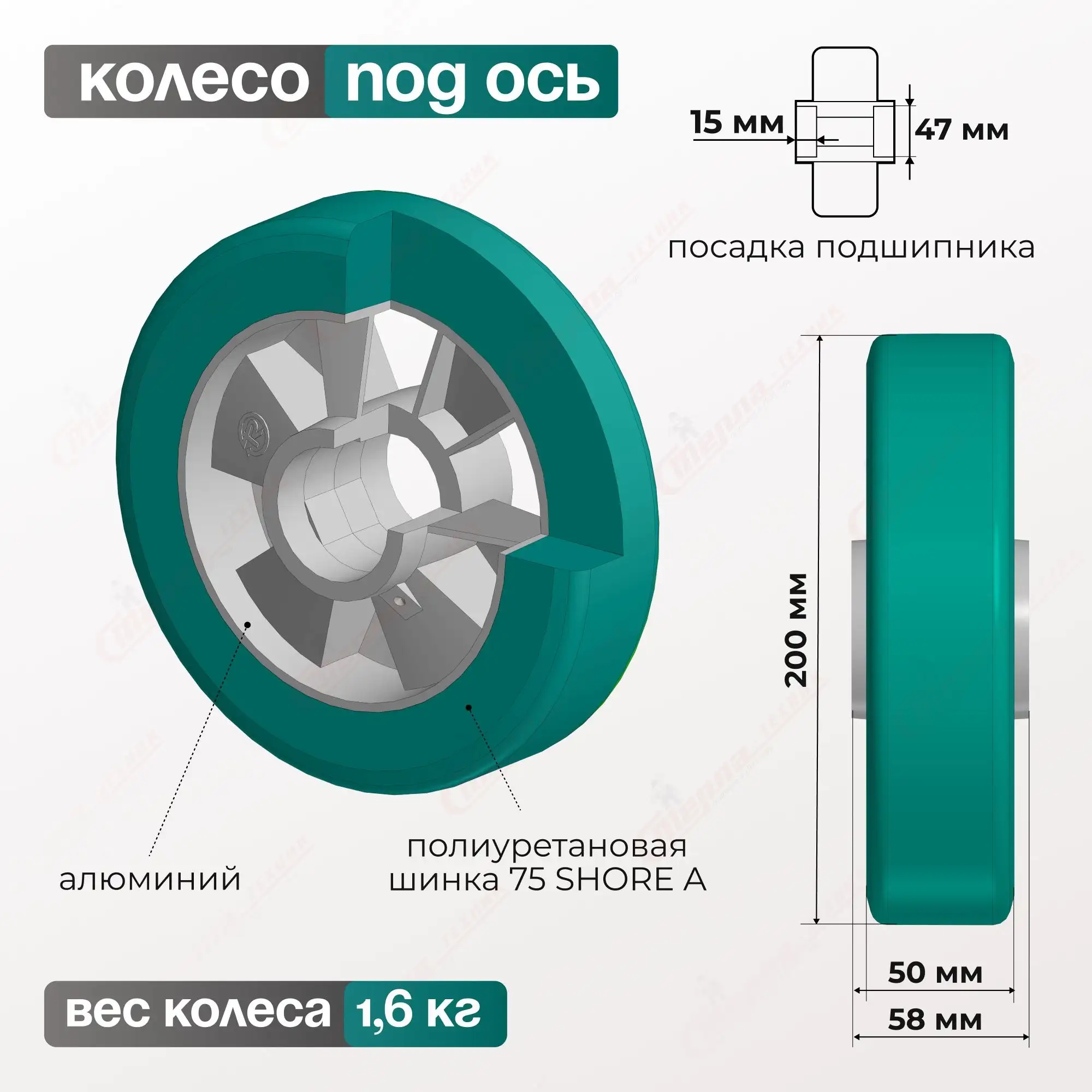 Колесо (200 мм; 700 кг) большегрузное полиуретановое под ось Tellure Rota