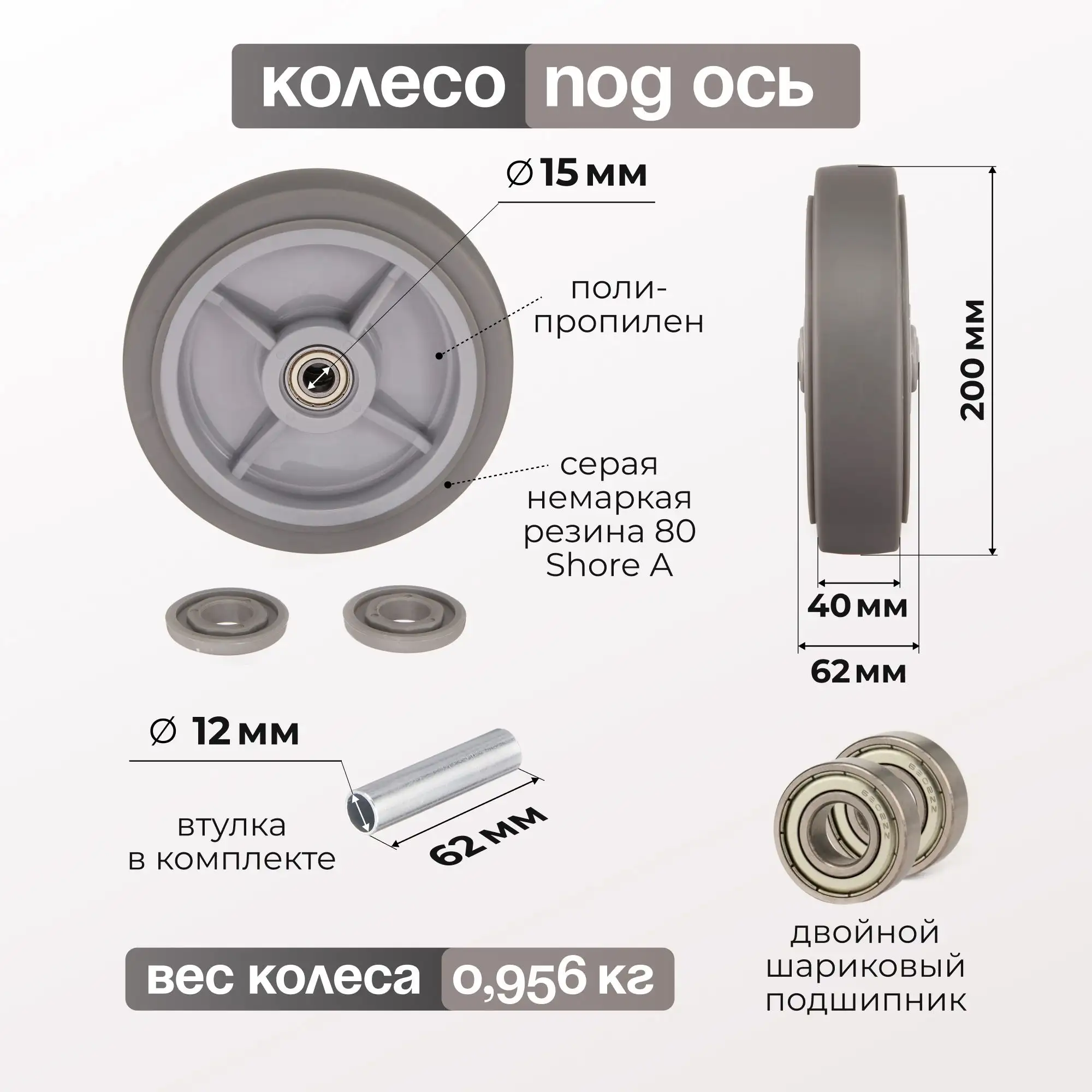 Колесо промышленное (200 мм, 300 кг) под ось Стелла-техник